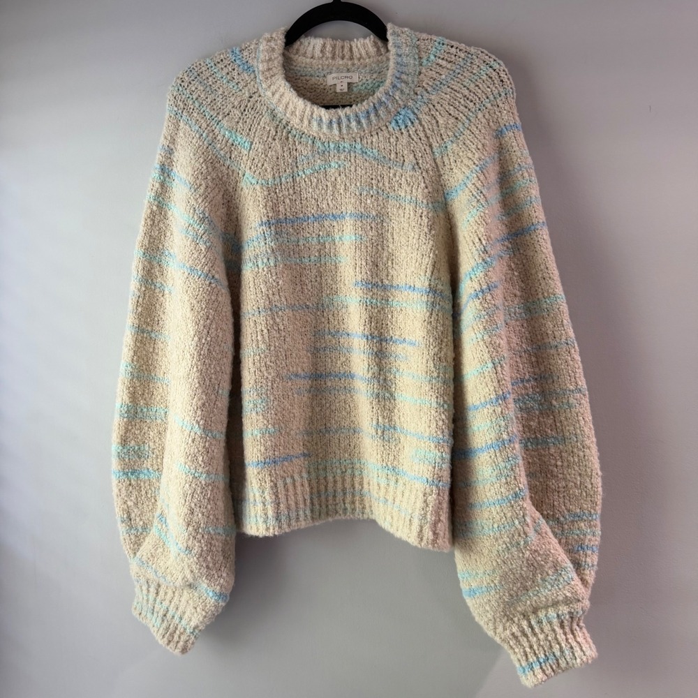 Pilcro Cream Bouclé Crewneck Sweater with Pastel Blue Stripes